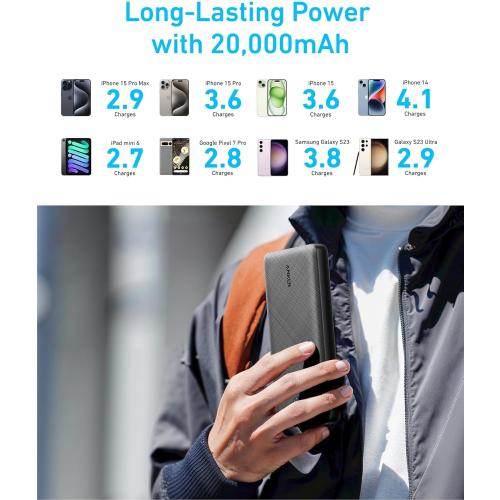 Anker Portable Charger, 325 Power Bank (PowerCore Essential 20K), 20000mAh Battery Pack with 15W Charging, PowerIQ, 2 USB-A, 1 Micro USB, Two-Way USB-C Ports for iPhone Series, AirPods, and More