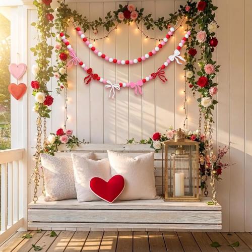 Breling 3 Pieces Valentine's Day Garland Felt Ball Garland, 10ft Pompom Bow Valentines Decorations Banner for Mantle Fireplace Room Valentine Hanging Decor