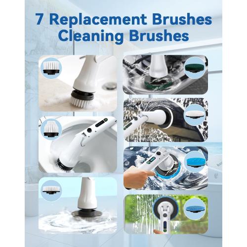 Electric Spin Scrubber, Hillyfe Bathroom Scrubber Electric with 7 Replaceable Brush Heads, IPX7 Waterproof,300/400 RPM, 3 Adjustable Length,Scrubber Brush Electric for Bathtub Floor,White