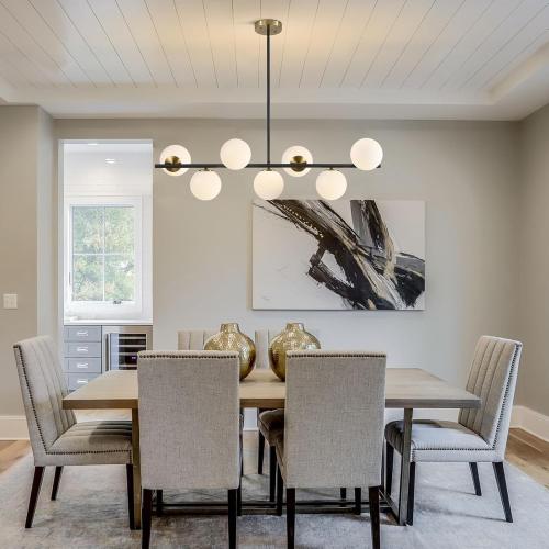 KCO Lighting Black and Brass Linear Pendant Light Mid Century Modern Sputnik Chandelier 7 Lights Milk Glass Globe Kitchen Island Pendant Lighting for Dining Room Living Room