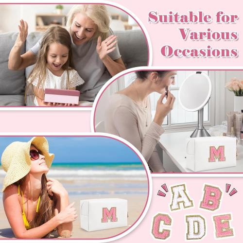 Personalized Makeup Bag Initial A-Z Preppy Patch Bag,Small PU Leather Travel Cosmetic Bag Pouch with Zipper,White Cute Toiletry Bag,Gift Ideal for Teen Girls Women Birthday Friend Mom,Letter M