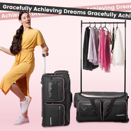 Fanwoli  Dance Bag with Garment Rack | Upgraded Stable System & Fabric | More Lightweight & Wear-Resistant | Ideal Competition Rolling Duffle Bag | Black/Pink Trim