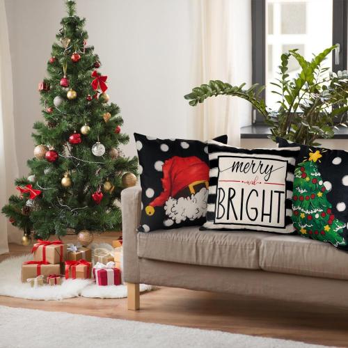 DIYDEC 4PCS Christmas Pillow Covers 18x18 inch Hello Winter Merry Bright Throw Pillow Covers Xmas Tree Hat Black White Striped Dot Decorations Cushion Case for Couch Sofa Outdoor Indoor Home