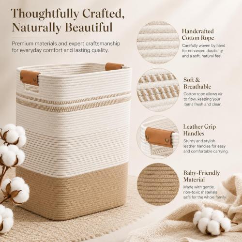 Laundry Hamper, Cotton Rope Laundry Basket with Leather Handles, 21.1-Gallon/80 L Large Clothes Hampers for Laundry, Handwoven Laundry Baskets for Blankets, Children Toys, Bedroom, Living Room