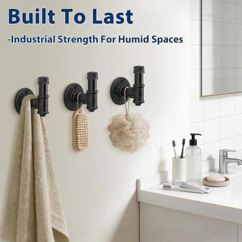 NearMoon 3 Packs Bathroom Robe and Towel Hooks for Hanging, Rustic Style Vintage Industrial Pipe Wall Mounted Hooks, Heavy Duty DIY Hardware Coat Hook for Kitchen (3 Inch)