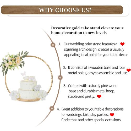 Hanobe Gold Cake Stand for Wedding: 11.7 Inch Round Arch Cupcake Display Stands with Wood Base Decorative Metal Hoop Centerpiece Decor for Party Birthday Baby Shower