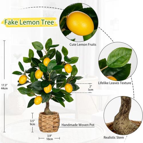 Artificial Potted Plants 17.3 inches Small Fake Lemon Tree Artificial Lemons Citrus Tree with Woven Pot Faux Plants Indoor Lemon Decorations for Home,Office, Living Room Table, Desk
