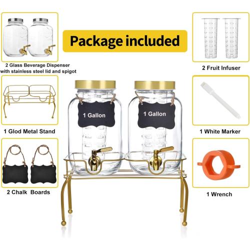 Set of 2 Size 1 Gallon Glass Drink Dispenser Set of 2 – Drink Dispensers for Parties, Christmas, Beverage Dispenser with Stand & 100% Leakproof Spigot, Ideal for Lemonade, Juice, Laundry Detergent Dispenser