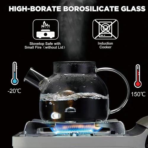Glass Tea Pot Kettles Stovetop Safe, 60.8oz/1800mL Heatproof Borosilicate Glass Teapot Water Pitcher With Bamboo Lid and Removable Filter Spout for Loose Leaf and Blooming Tea