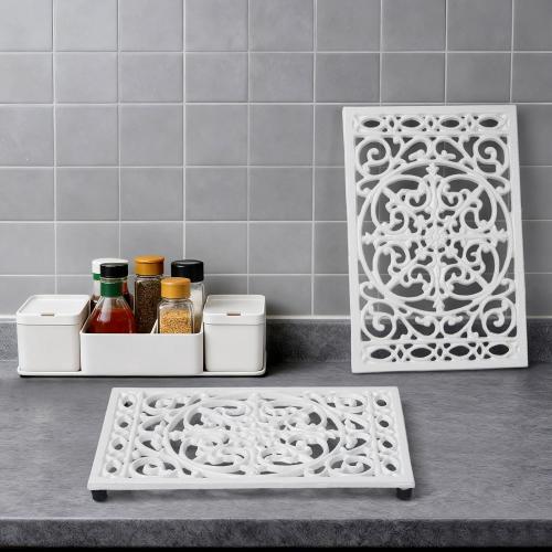 Notakia 9.6 X 6.3 Inch Cast Iron Trivet Set, Large Metal Trivets for Hot Dishes Pots Pans Decorative Kitchen Trivets, Heat-Resistant Trivet Mats for Quartz Countertops, Table Cooktop (White, 1 Pack)