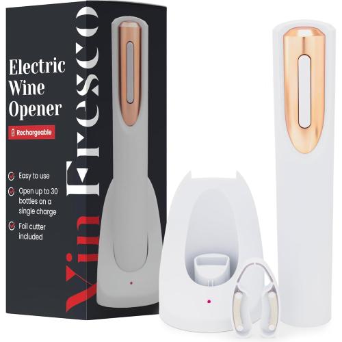 Rechargeable Electric Wine Bottle Opener - Charging Base and Foil Cutter Included with Automatic Wine Opener - Electric Corkscrew for Easy Cork Removal - Best Gift for Wine Lover (White & Rose Gold)