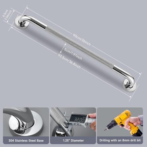 36 Inch Shower Grab Bar 1.25 Dia, Chrome Anti Slip Bathroom Grab Bar, 304 Stainless Steel Knurled Handicap Grab Bars, Safety Support Handrail, Assist Bath Shower Handle for Elderly Injury Senior
