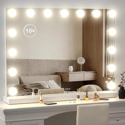 Vanity Mirror with Lights Lighted Makeup Mirror with 15 Dimmable LED Bulbs,3 Color Lighting Modes,USB Charging Port Touch Control,Sturdy Metal Frame Design 24x18 Inch,White