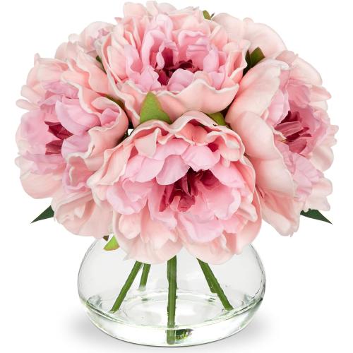 Hollyone Light Pink Peonies Artificial Flowers with Vase Faux Flowers Peony Fake Flowers Silk Flower Arrangements in Glass Vase with Faux Water for Bathroom Table Centerpiece Shelf Home Decor