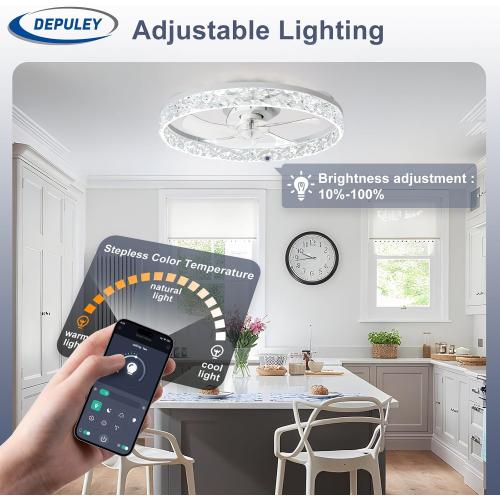 Depuley Ceiling Fans with Lights and Remote: Full Package 20 Modern Low Profile Flush Mount LED Ceiling Fan for Bedroom App Control - White Crystal Bladeless Fandelier for Laundry Room Kitchen