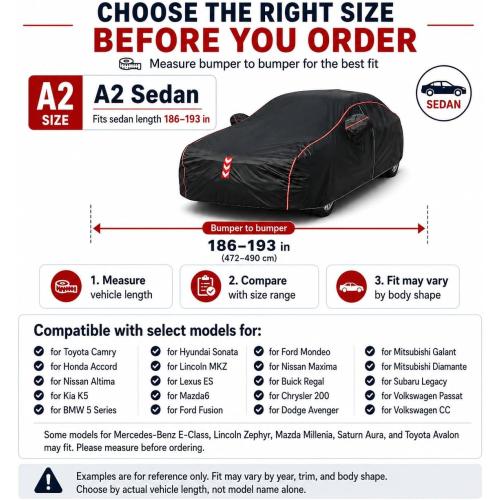 Car Cover Waterproof All Weather, 8-Point Fastening for Sedans 186-193 in | 8-Point Fastening, 120s Quick Setup, 600D Oxford Fabric, All-Weather Protection