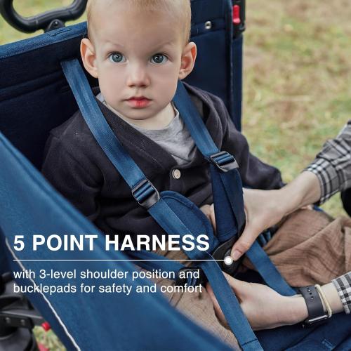Side-Unzip Wagon Stroller for 2 Kids, Push Pull Stroller with Adjustable Handle, Easy Access Zipper Door, 5-Point Harness Removable UV-Protection Canopy Shock-Absorbing Wheels, Blue