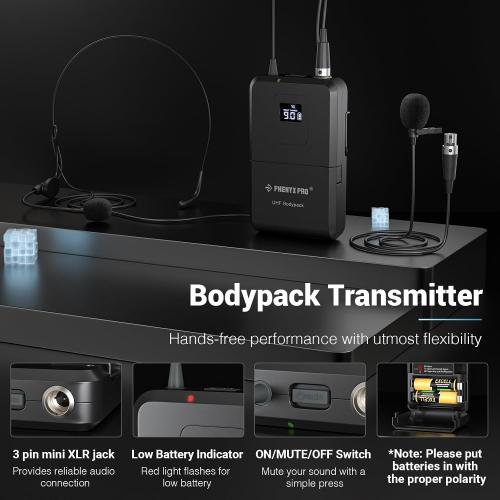 Phenyx Pro 4-Channel Wireless Microphone System w/Auto Scan, 4x40 UHF Frequencies, 2 Handheld Dynamic Mics, 2 Bodypacks & Headsets/Lapel Microphones for Singing, DJ, Church (PTU-7000-2H2B)