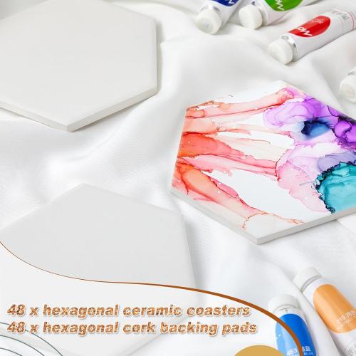 Zopeal 50 Pcs Ceramic Tiles for Crafts with Cork Backing Pad, Hexagon