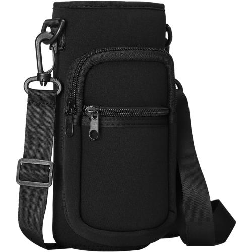 Black Water Bottle Carrier with Shoulder Strap for 32oz Water Jugs, Water Bottles Holder Bag with Phone Pouch Pockets for Camping& Travelling-The Perfect Flask Accessory