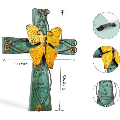 MelinSam Wooden Wall Cross Christians Cross with Antiqued Metal Butterfly and Inspirational Prayer Inscribed Blessed for Church Home Room Decoration Gifts