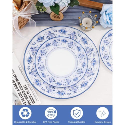 WONDERFUL 32pcs Blue Plastic Plates Blue and White Fancy Disposable Plates Floral Decorative Plate Disposable Heavy Duty for High-End Party Retro Decor