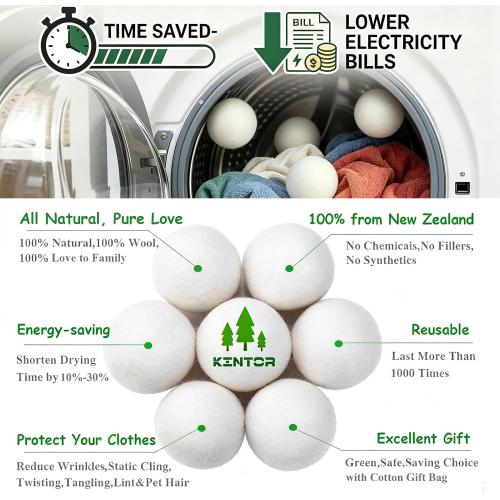 KINTOR Wool Dryer Balls XL 6-Pack, Reusable Natural Laundry Fabric Softener