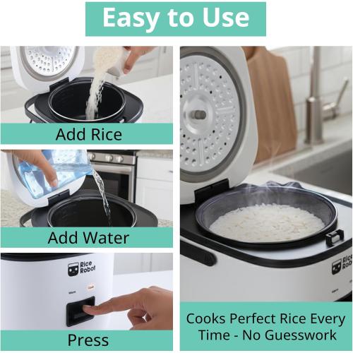 Rice Robot Personal Rice Cooker, PFAS-free, Nonstick. 1 Quart Capacity, with Stainless Steel Steamer Tray, Measuring Cups, Recipe Book with 60 Recipes, and Serving Spoon, As Seen On TV