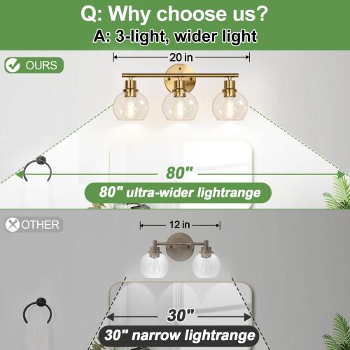 3-Light Bathroom Light Fixtures, Brushed Gold Modern Vanity Lights Over Mirror with Clear Glass Globe Shade, Bathroom Wall Sconces for Mirror Kitchen Living Room Hallway Cabinet Bedroom Porch