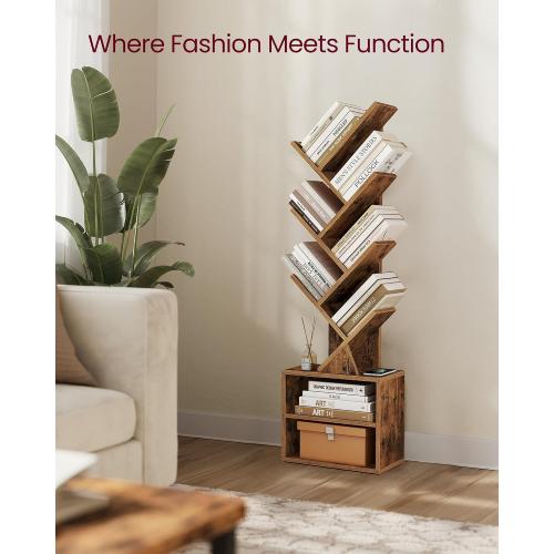 VASAGLE Custos Collection - Tree Bookshelf, Modern Bookcase, Floor Standing Book Shelf, for Bedroom, Living Room, Home Office, 2 Open Compartments, 8 x 15 x 48.5 Inches, Rustic Brown ULBC607K01