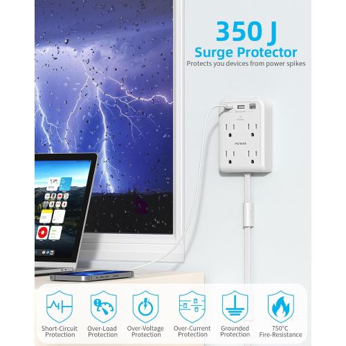 Short Power Strip 2FT - Flat Wall Extension Cord with 4AC Outlet and 3 USB Ports(1 Type C), Multi Plug Outlet Extender Small Surge Protector for Home Office Dorm, White