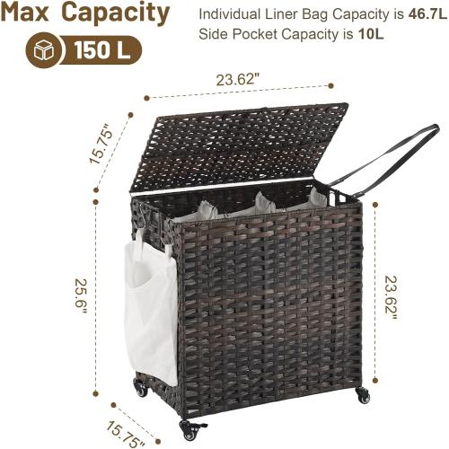 Laundry Hamper with Wheels, 39.6 Gallon(150L) Rolling Laundry Basket with Lid, 3-Section Rattan Clothes Hamper with 3 Removable Liner & 3 Mesh Bags, Laundry Sorter with Side Pocket, Brown