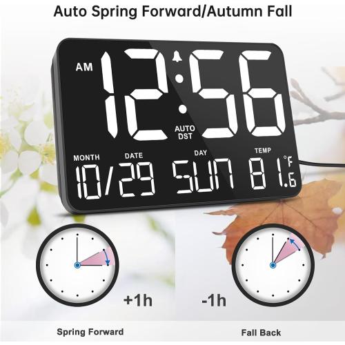 Soobest Large Display Digital Wall Calendar Clock with Date Day of Week, Alarm Clock for Bedroom Desk, Timer for Home Gym Workout 6 Dimmer Auto DST 12/24hr with Remote and Temperature(White)