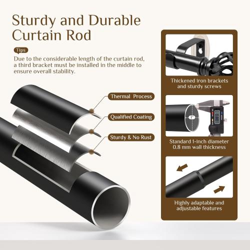 TVWOO Black Decorative Farmhouse Curtain Rods 2Pack:18-45 Adjustable Heavy Duty Single Window Curtain Rod for Bedroom Living Room,Black Boho Rustic Drapery Rods with Vintage Twist Finial Easy Install