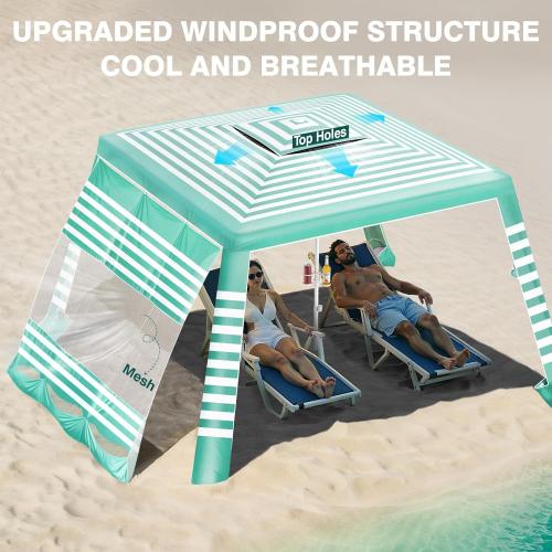 Rhino Valley Beach Cabana, 8 * 8FT Beach Tent UPF50  Protection, Easy Setup Beach Canopy Wind Resistant with Cup Holder, Compact Beach Shade Foldable Beach Tent Sun Shelter, Green White