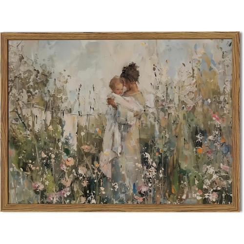 Mother Holding Child Wall Art Vintage Motherhood with Baby Wall Decor Painting Cottage Country Nursery Sign Poster Canvas Print for Kids Bedroom Living Room 24x16 inch Wood Framed