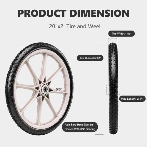 20 Flat Free Tire and Wheel with 3/4 & 5/8 Bearing, Replacement Wheels for Rubbermaid Wheelbarrow,Lawn Carts, Big Wheel Utility Carts and Garden Yard Cart, 2 Pcs Grey