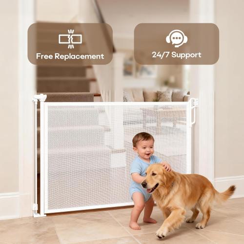 Retractable Safety Baby Gate or Mesh Dog Gate,Durable Portable Mesh Retractable Gate,Easy to Use for Stairs, Doorways, Hallways, Indoor, Outdoor, 33.5 Tall, Extends to 55 Wide,White