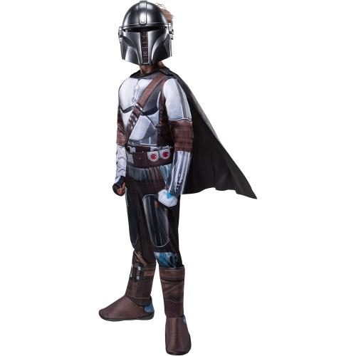 STAR WARS THE MANDALORIAN HALLOWEEN COSTUME FOR KIDS - Dlx Powerwall Jumpsuit w/Printed Design   Gloves, Cape, & 3D Headpiece