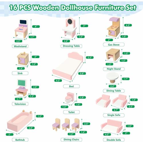 DIY Wooden Dollhouse with 3 Sticker Sheets – Create 2 Styles (White & Pink), Foldable Design with Portable Handle & Metal Lock, 4 Rooms, 16 pcs Furniture, 2 Dolls, Gift for Kids Ages 3
