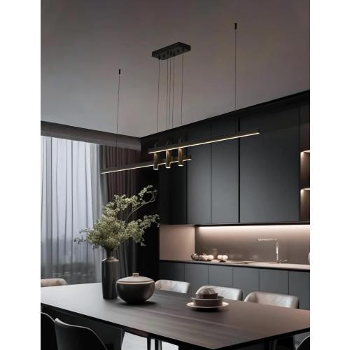 Size 59 Modern Black Linear Pendant Lights Kitchen Island Lighting Minimalist Led Chandeliers Pool Table Light Dimmable Ceiling Hanging Light Fixture Dining Room with Remote Control (59in)