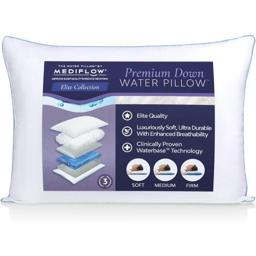 Mediflow Elite Down Water Pillow - 90% Down Fill, Adjustable Neck Pain Relief Pillow for Side, Back, and Stomach Sleepers