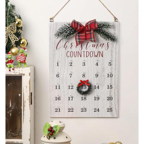 Christmas Countdown Calendar, Farmhouse Christmas Wreath Calendar, Vintage Advance Count Down to Christmas Sign, Xmas Wooden Hanging Decor for Wall Holiday (White)