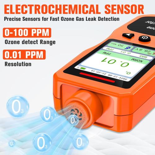 Portable Ozone Detector, 0-100 PPM Ozone Gas Monitor with 0.01 PPM High Resolution, 16H Long Battery Life, Ozone Meter with Alarm, O3 Air Quality Monitor with Temp & Humidity Tester, Orange