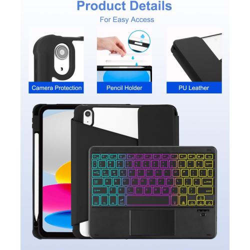 Touchpad Keyboard Case for iPad (A16) 11th 10th Generation, 360 Rotation Cover with Pencil Holder Wireless Backlit Detachable Keypad for iPad 11 inch 2025/10 Gen 10.9 2022 Black