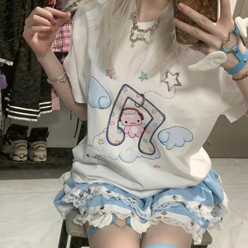 RILGOU Harajuku Style Pastel Kawaii Gothic Clothes Casual Crewneck Soft Cartoon Cute Cat Music Angel Print T-Shirt Size Large