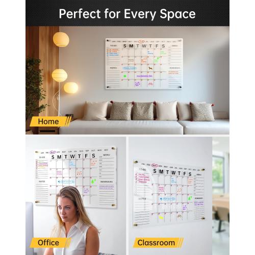 Acrylic Wall Calendar with Dry Erase Surface | 28x20 Clear Monthly Planning Board | Includes 8 Color Markers, Eraser, Multi-Color Standoff Screws, and Installation Kit | Perfect for Home & Office