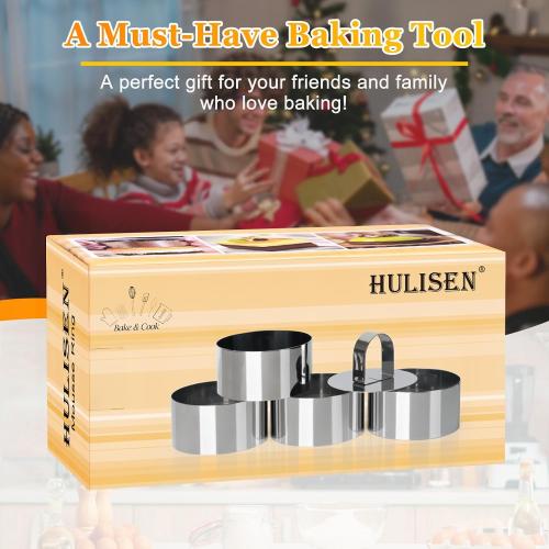HULISEN 3” Round Cake Ring Mold, Stainless Steel Cooking Crumpet Rings | 4 Food Forms & 1 Pusher, Dishwasher Safe, Home Cooks and Bakers, Tuna Tartare, Pancakes, Salads and Mousse