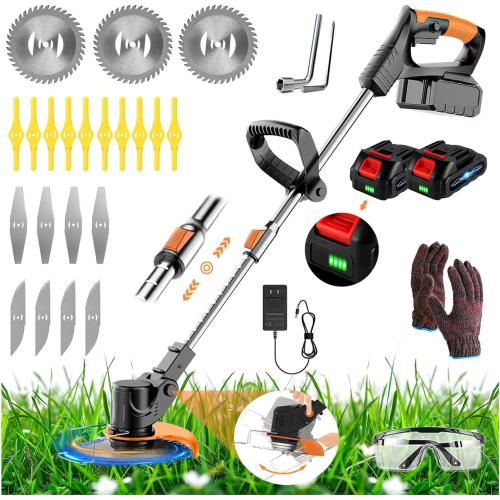21V Electric Weed Wacker Cordless Weed Wacker Eater Lightweight Grass Trimmer with 4 Types Blade & Fast Charger & 2x2000mAh Batteries Brush Cutter for Garden Lawn Yard Black