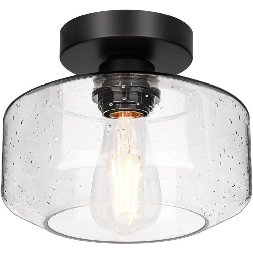 Industrial Semi Flush Mount Ceiling Light, 800 Lumen LED Bulb Included, Seeded Glass Shade Farmhouse Light Fixture for Hallway Corridor Kitchen Bathroom Bedroom Passway